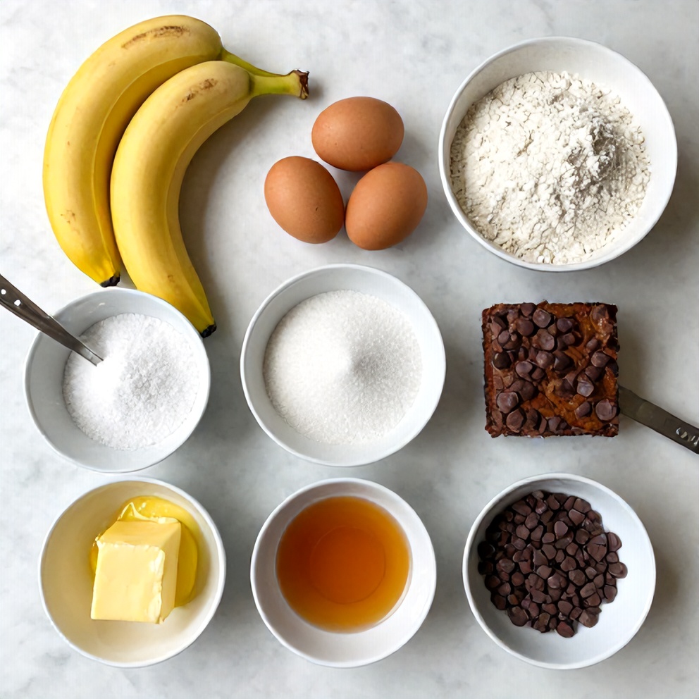 Ingredients for Moist Banana Bread Brownies with Chocolate Chips on a marble counter