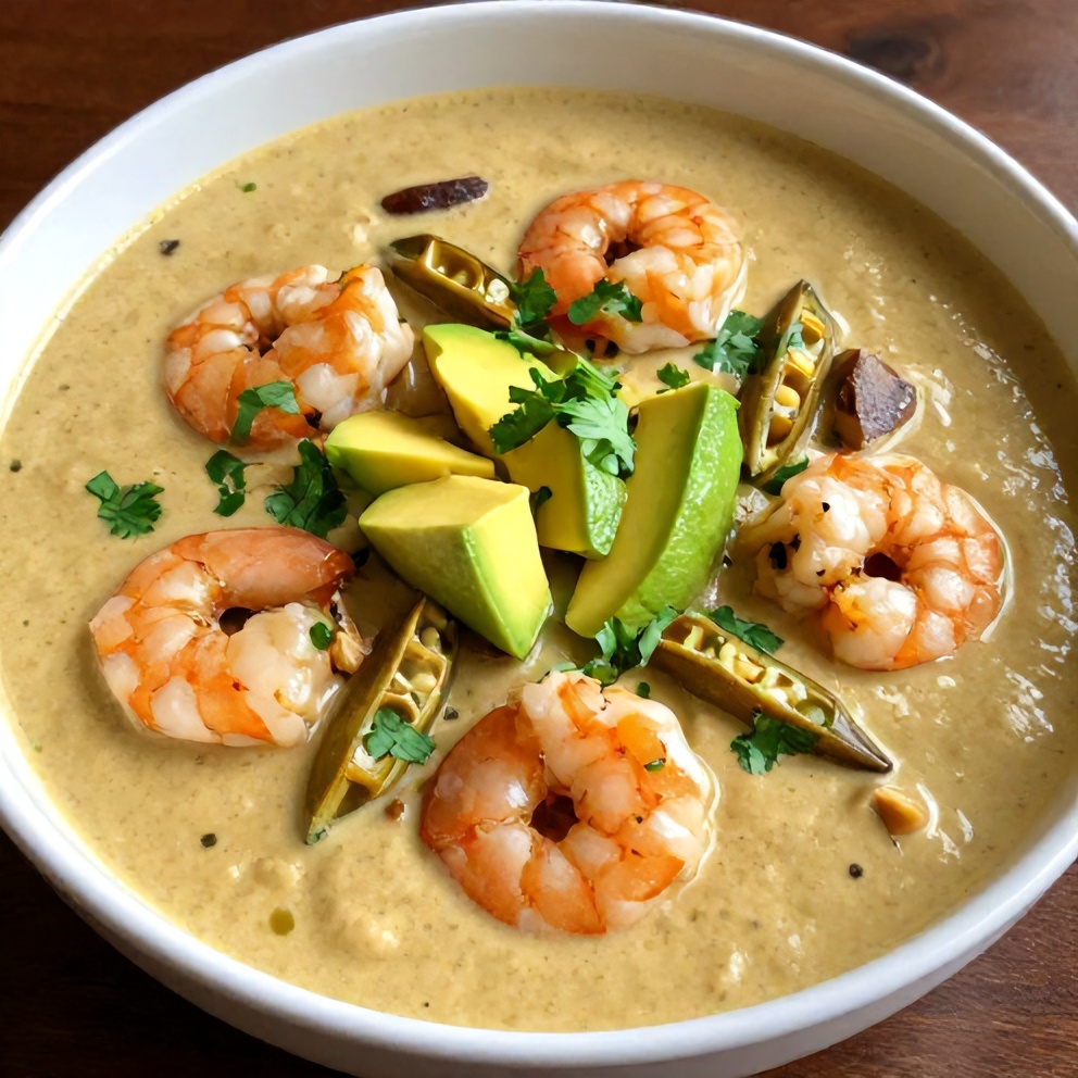 Plated Nigerian Okra Soup with Shrimp and Turkey