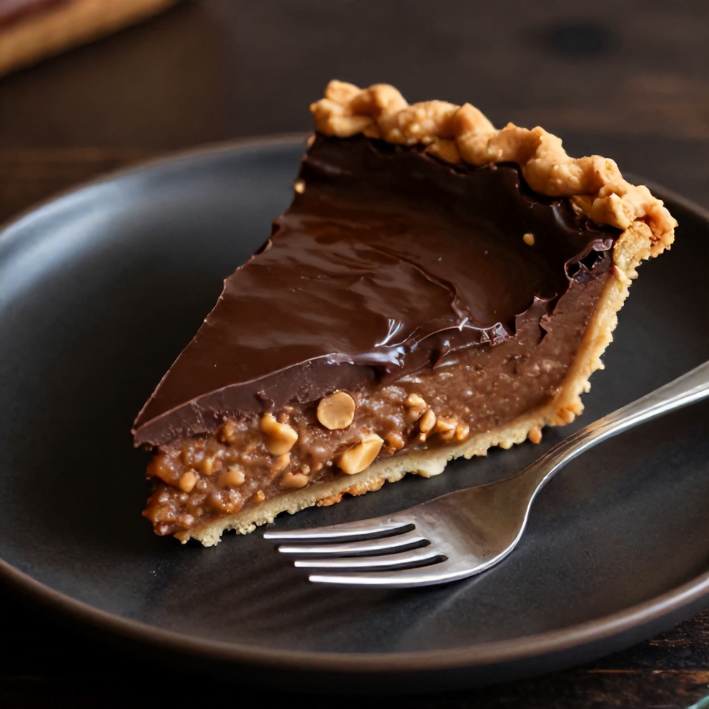 Sliced no-bake chocolate peanut butter pie on a dark plate with a fork