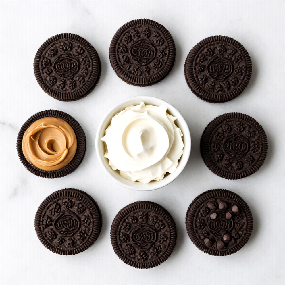Oreo cookies, peanut butter, cream cheese, heavy cream, and chocolate chips arranged on a white marble surface