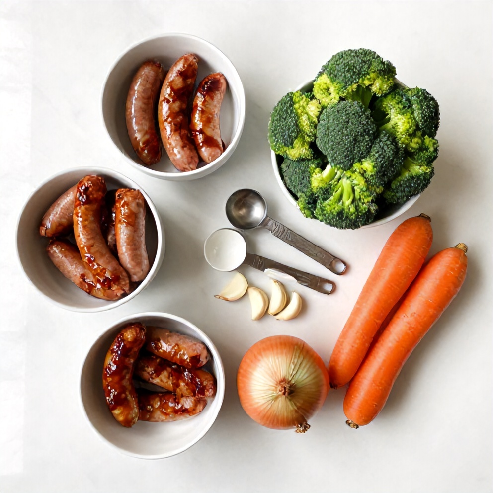 Raw Ingredients for One-Pan Honey Garlic Kielbasa and Veggies