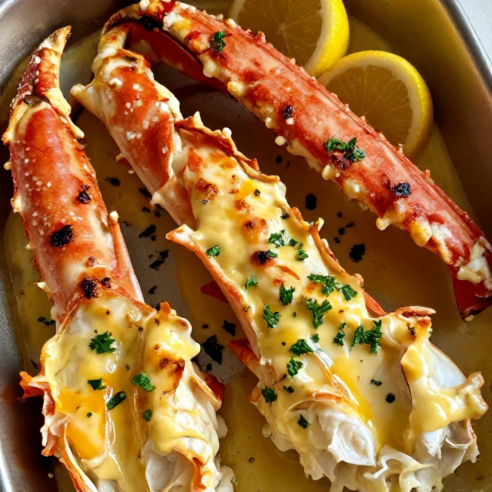 Plated oven baked snow crab legs with lemon butter sauce