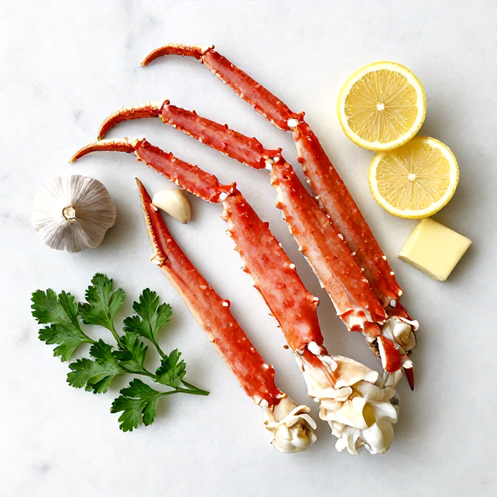 Raw snow crab legs, garlic, butter, lemon, and parsley on a wooden surface