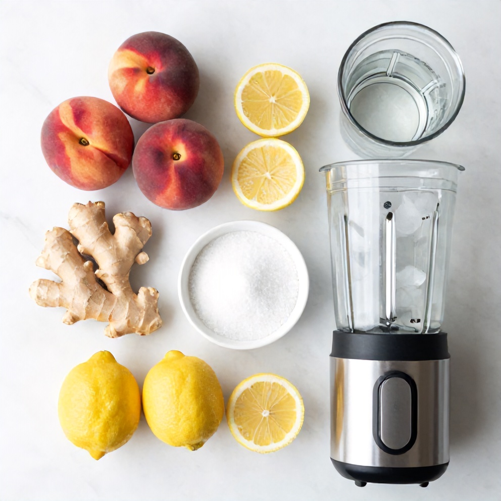 Raw ingredients for Peach Ginger Lemonade: peaches, lemons, ginger, sugar, water, ice
