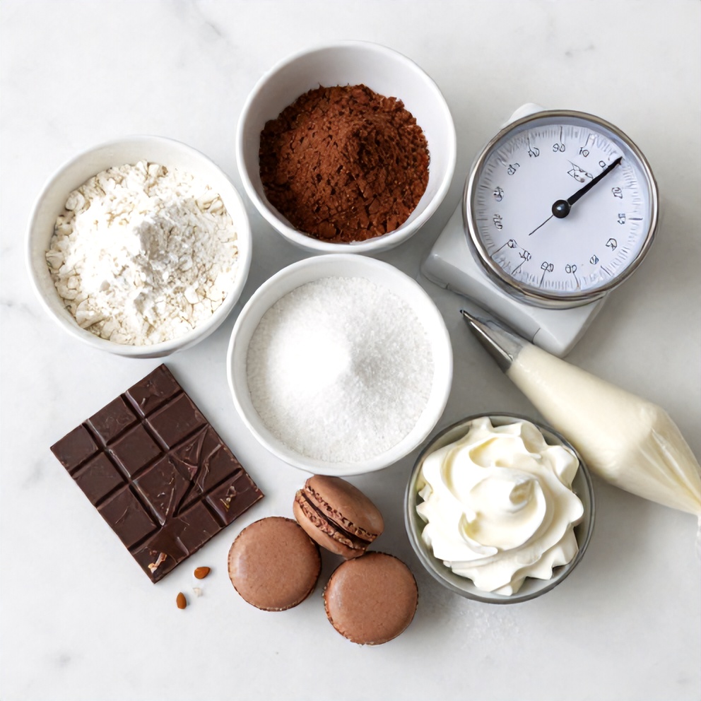 Raw Ingredients for Chocolate Macarons on Marble Surface