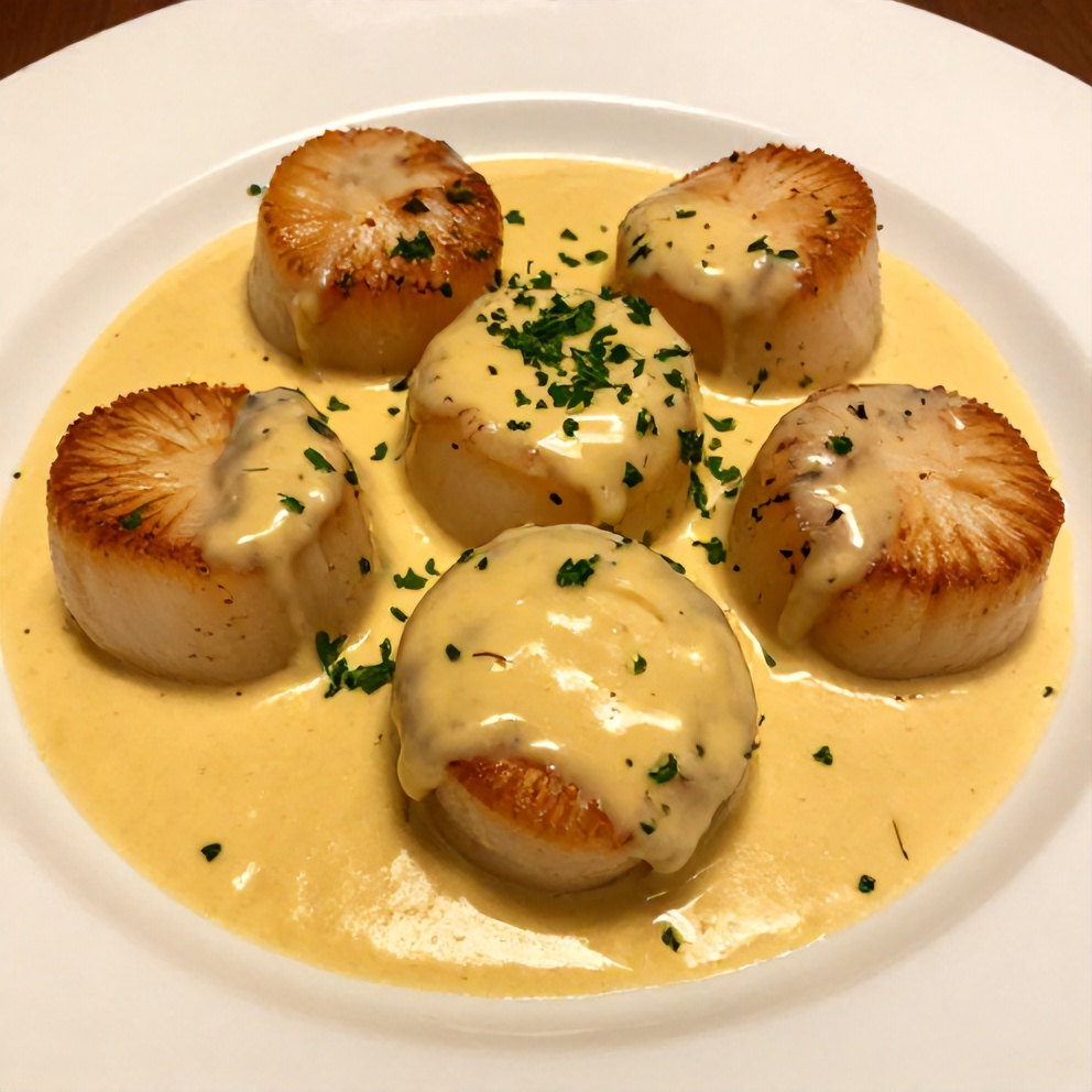 Plated Quick Cajun Scallops in Creamy Mustard Sauce Dinner
