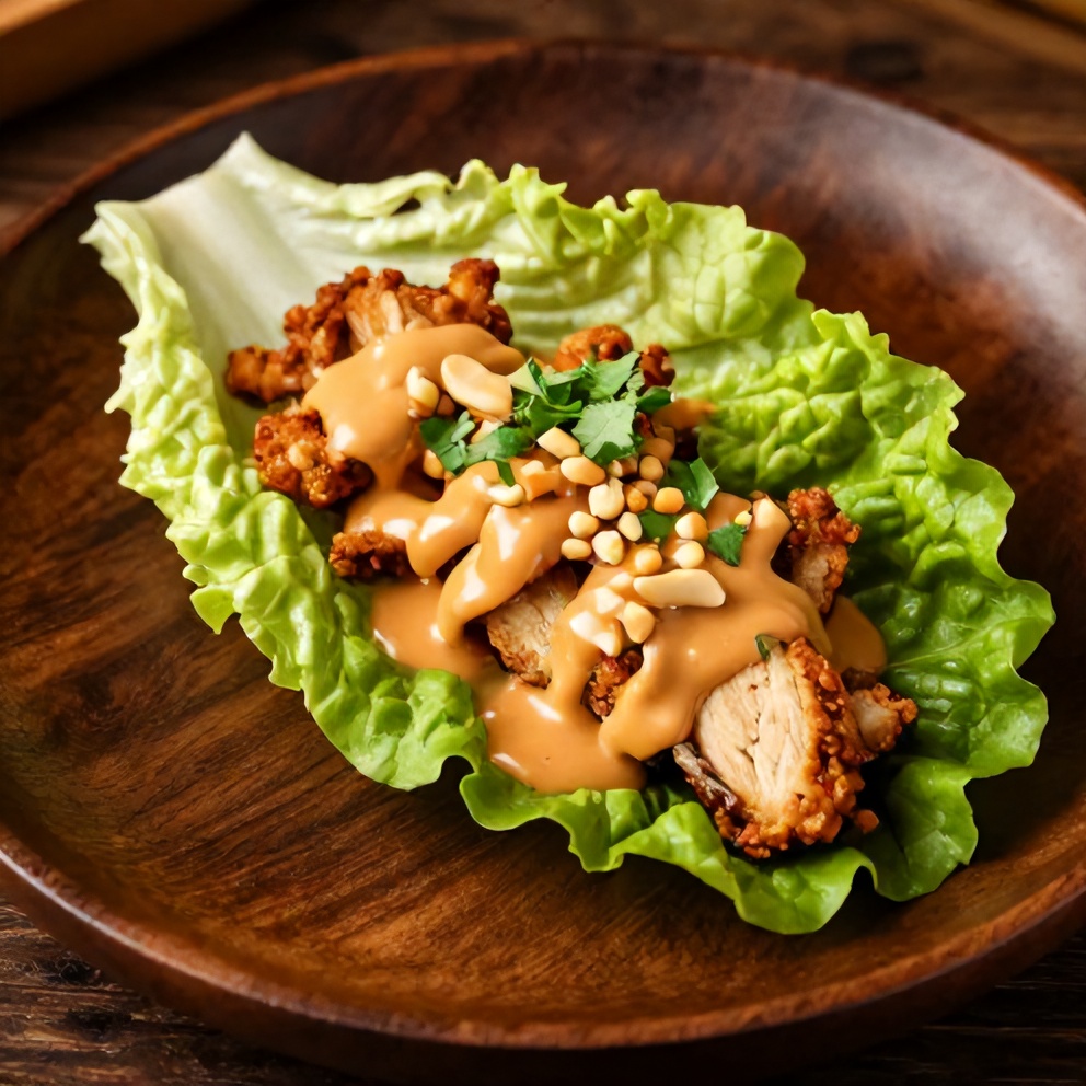 Plated serving of chicken lettuce wraps with peanut sauce