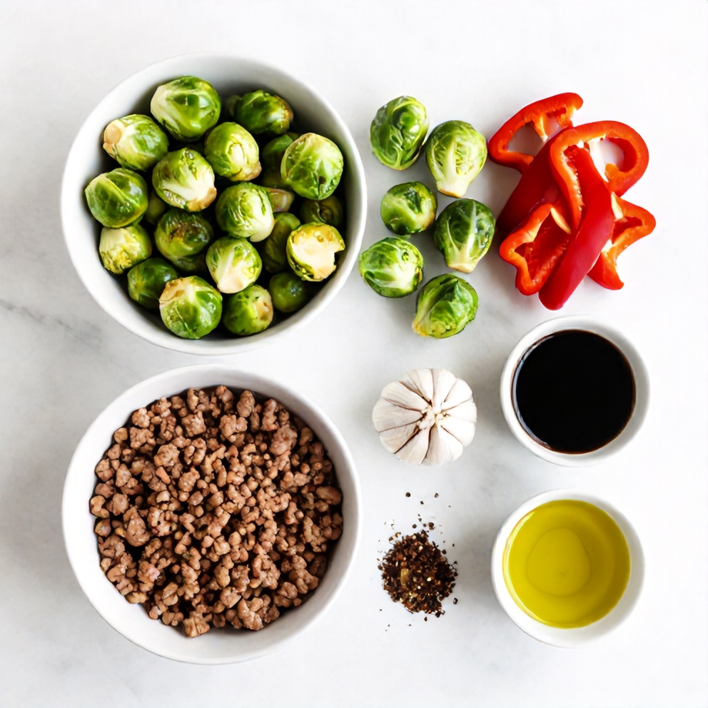 Raw Ingredients for Quick Spicy Pork Brussels Sprouts Bowls