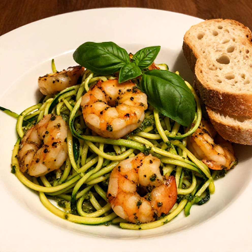 Finished Quick Zucchini Noodles with Pesto and Grilled Shrimp