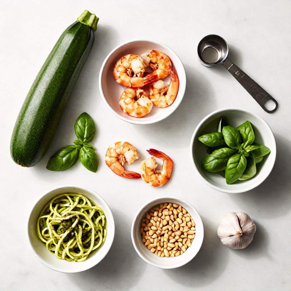 Raw Ingredients for Quick Zucchini Noodles with Pesto and Grilled Shrimp