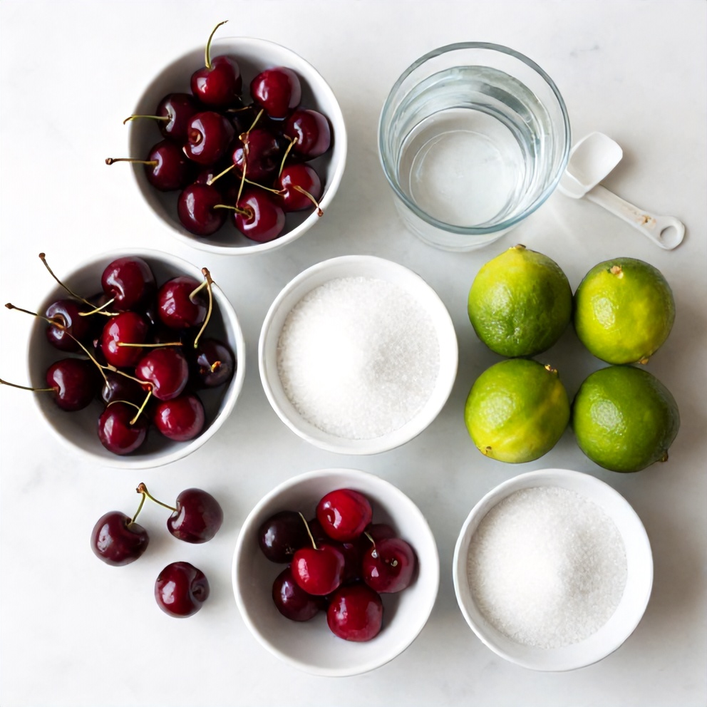 Ingredients for cherry limeade: cherries, limes, sugar, water, and ice