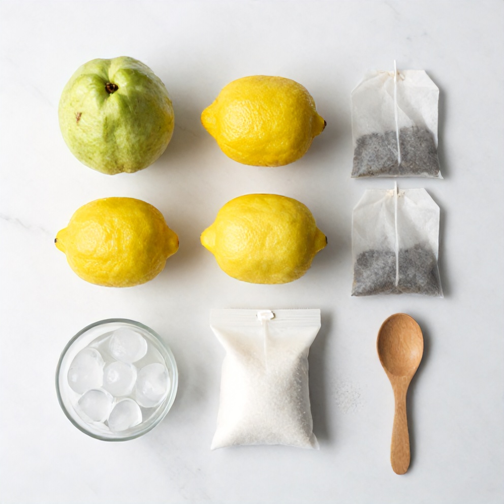 Guava, lemons, white tea bags, sugar, and ice on a wooden surface