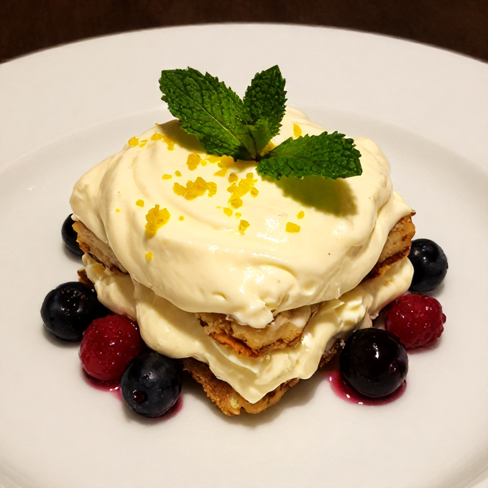 Plated serving of Lemon Tiramisu with a mint leaf garnish