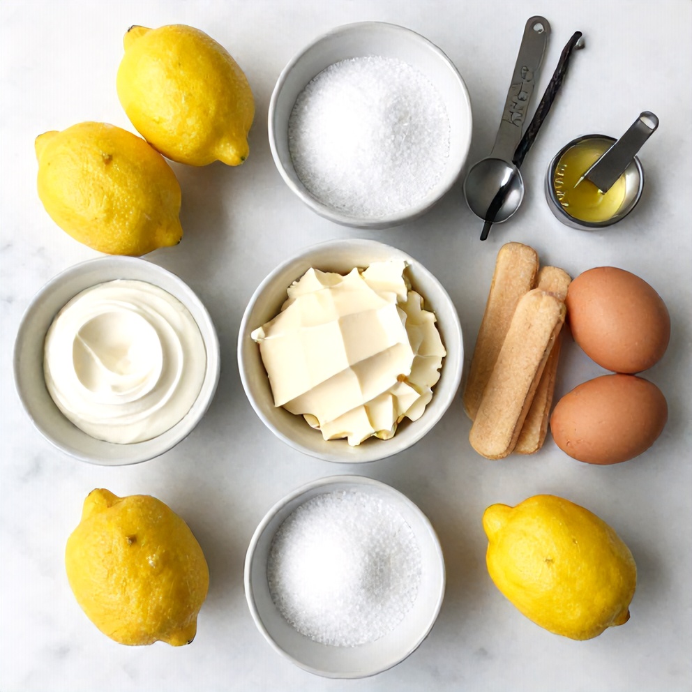 Raw ingredients for Lemon Tiramisu arranged in a flat lay