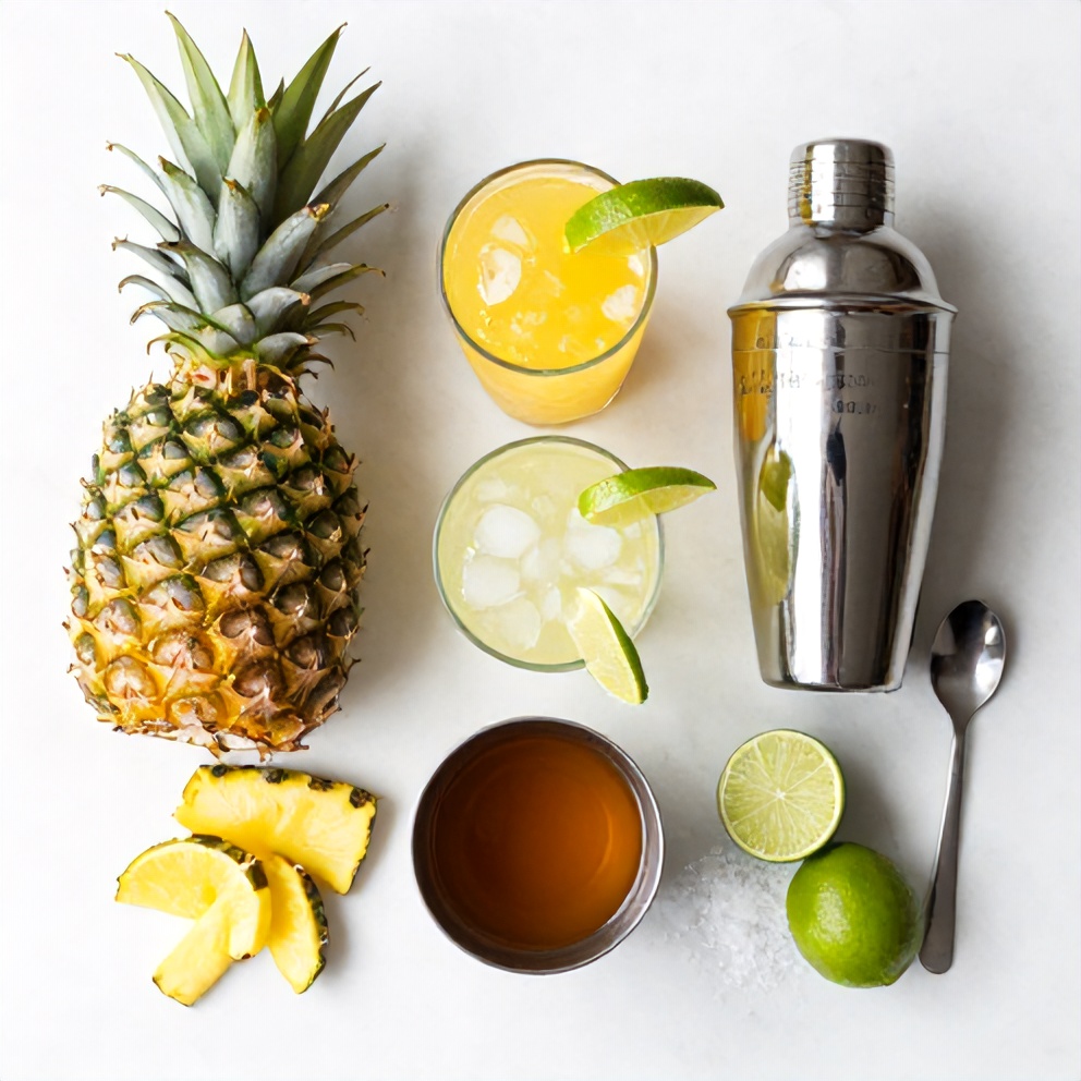 Raw ingredients for Pineapple Margarita Mocktail: pineapple juice, lime juice, agave syrup, salt, ice, and lime wedges