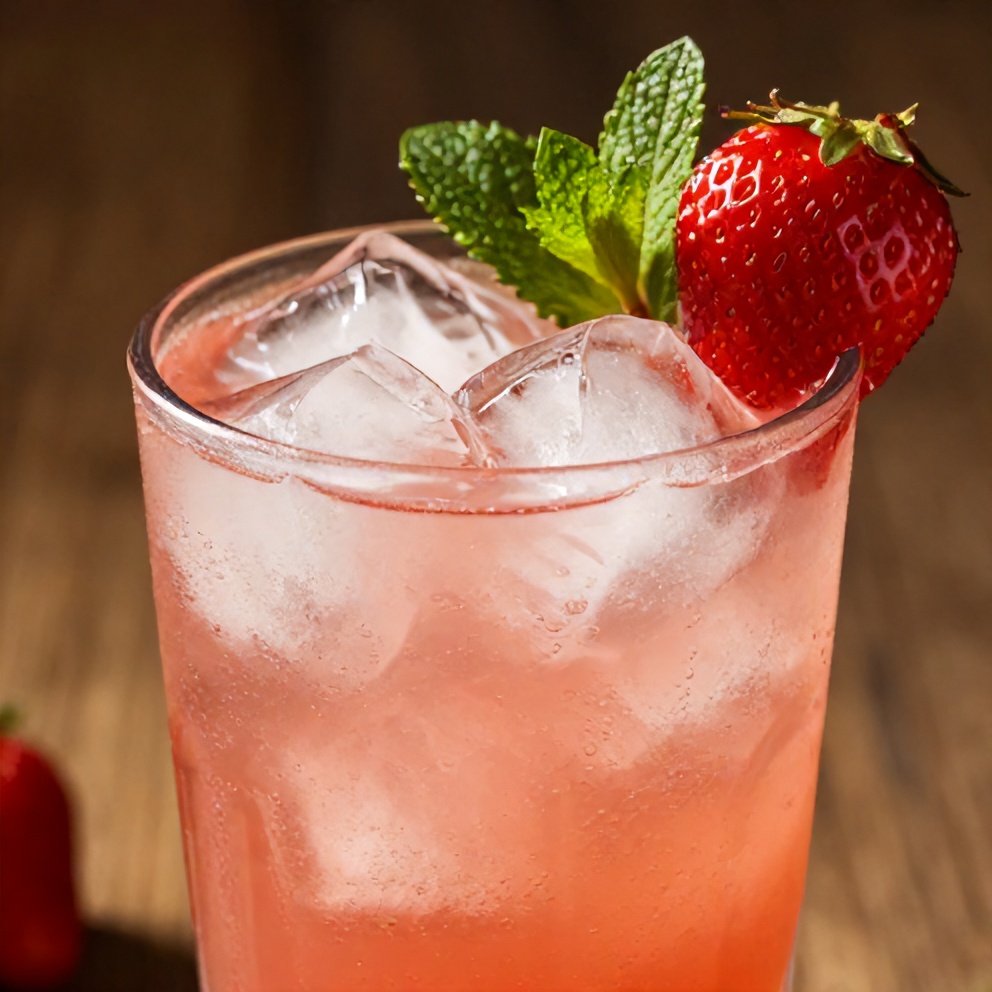 Glass of Strawberry Mint Lemonade with a strawberry and mint garnish