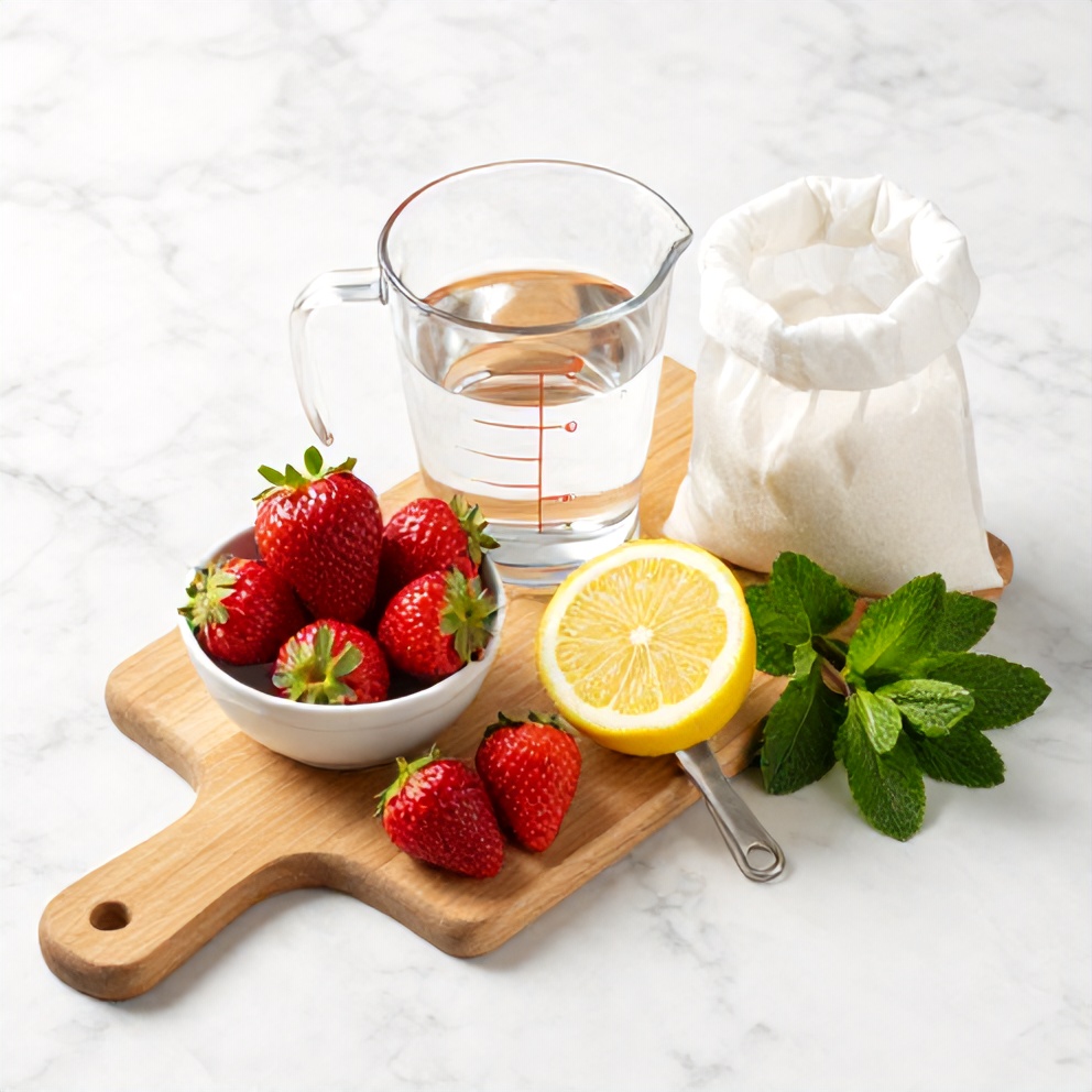 Strawberries, lemons, mint leaves, sugar, and water on a wooden surface