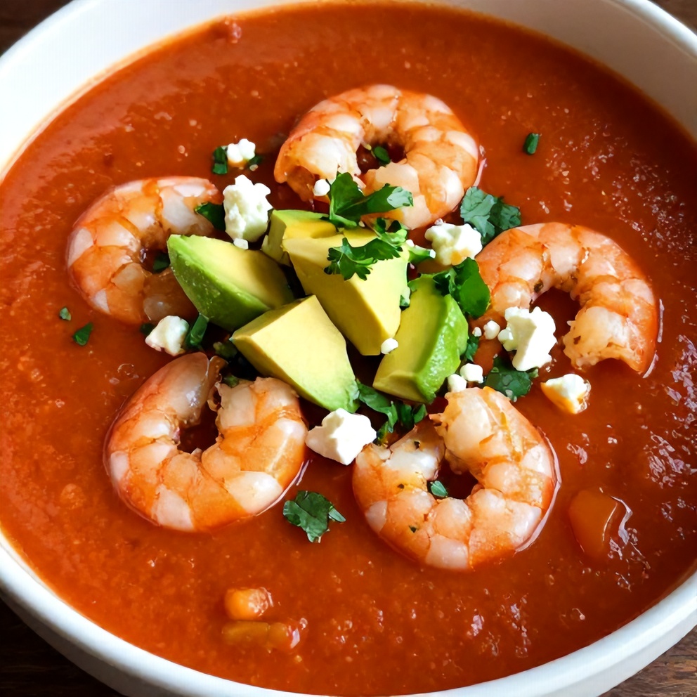 Bowl of gazpacho with shrimp and garnish