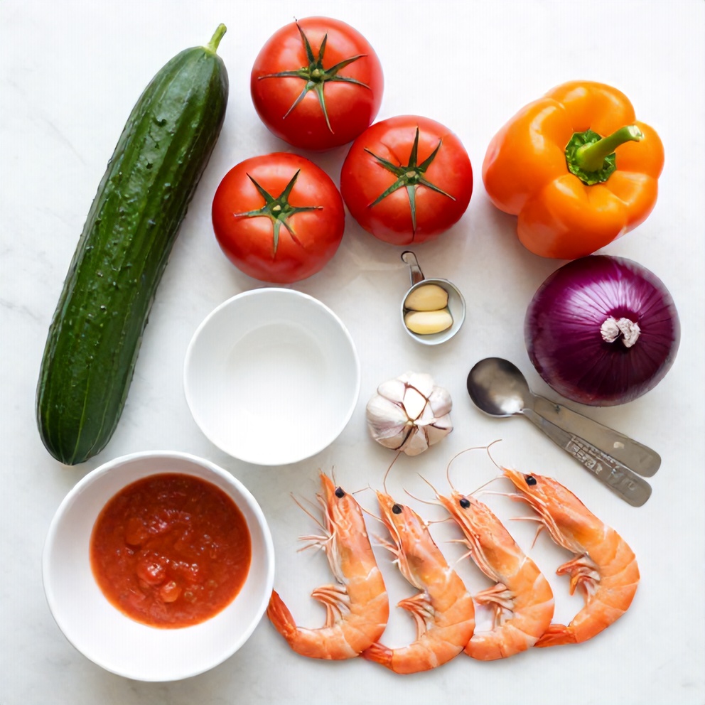 Raw ingredients for gazpacho with shrimp laid out