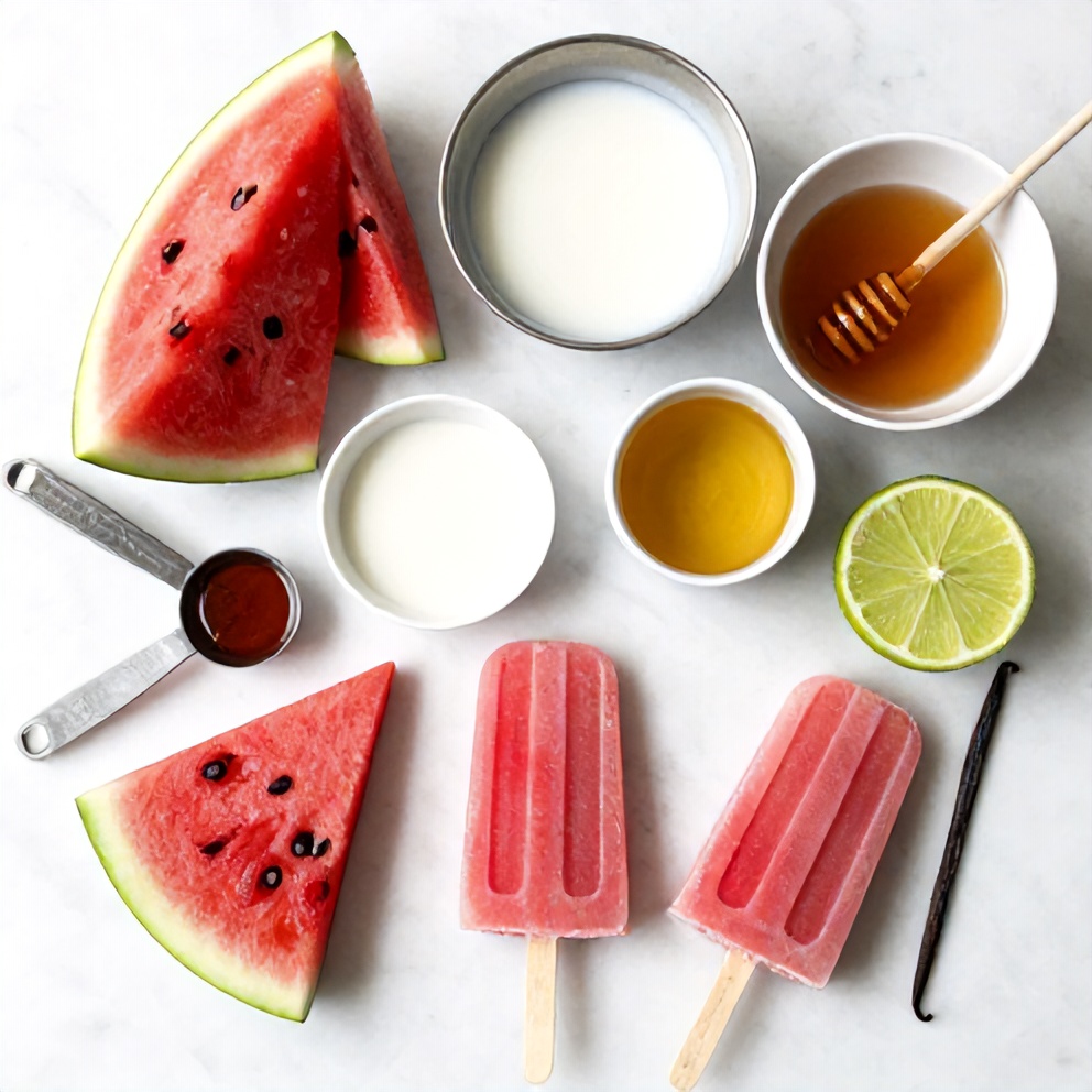 Watermelon slices, coconut milk, and honey arranged on a white marble surface