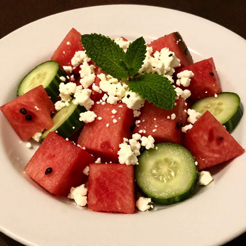 Plated serving of Watermelon Cucumber Salad with Feta and Mint on a white plate