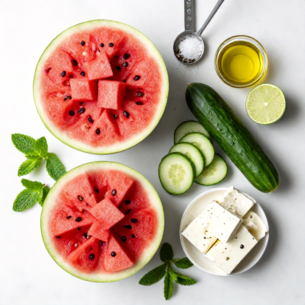 Raw ingredients for Watermelon Cucumber Salad arranged on a white marble surface