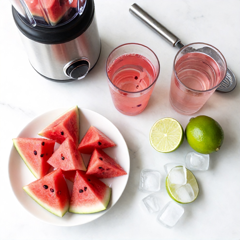 Watermelon slices, rose water, lime, ice, and a glass on a wooden surface