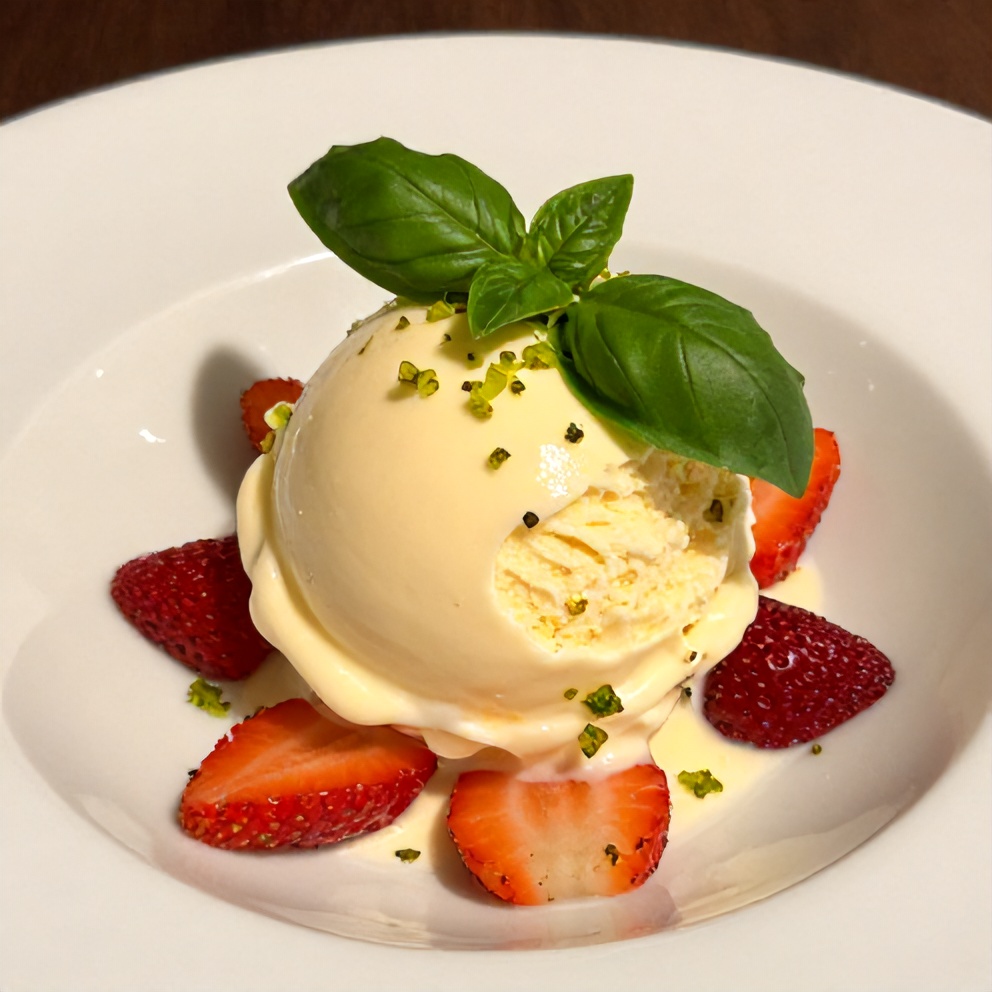 Plated Roasted Strawberry Basil Ice Cream
