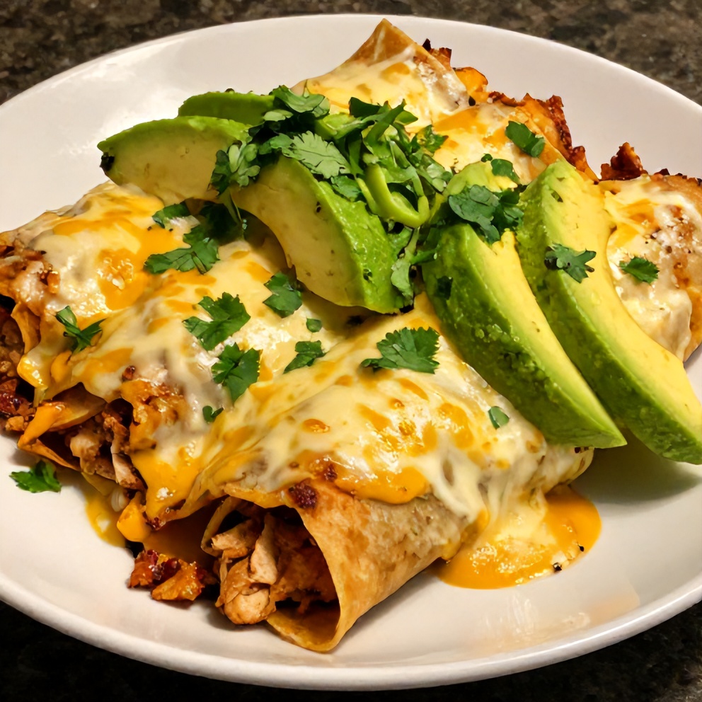 Plated Slow Cooker Chicken Enchiladas with avocado and fresh cilantro