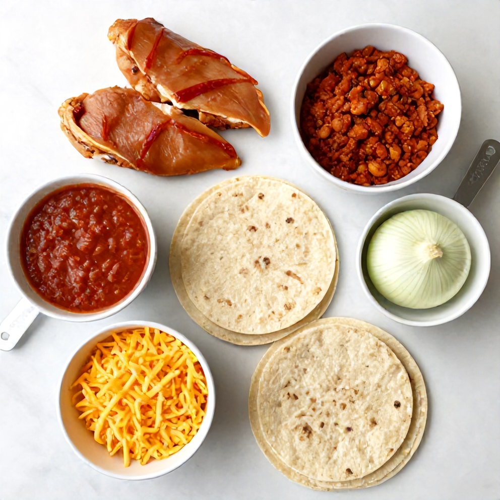 Raw ingredients for Slow Cooker Chicken Enchiladas including chicken, enchilada sauce, tortillas, and cheese