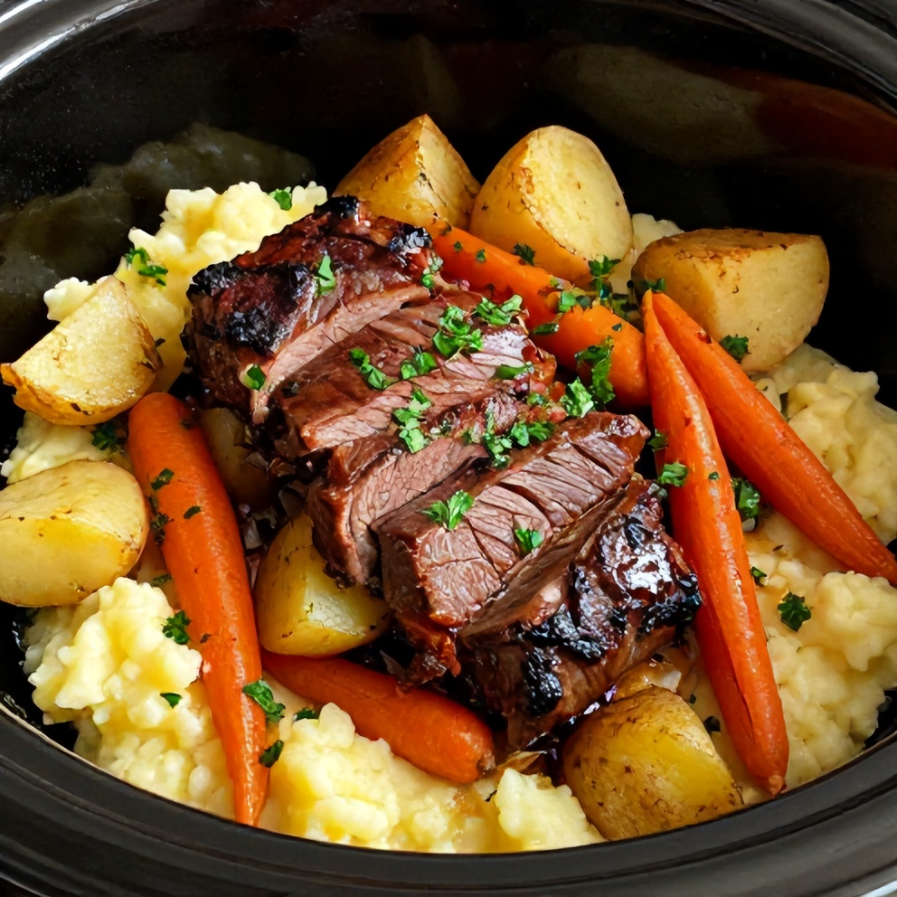 Plated Slow Cooker Chuck Roast with Potatoes and Carrots