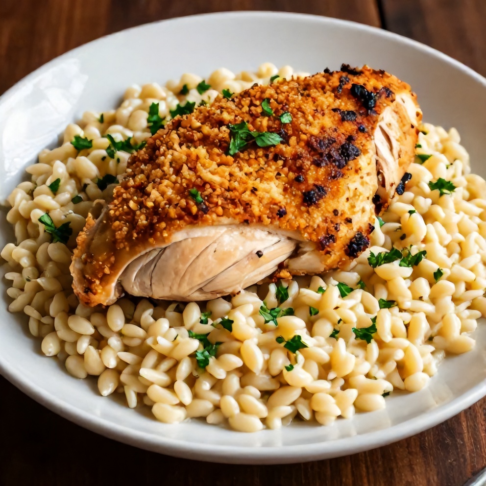 Parmesan Herb Chicken with Creamy Orzo plated