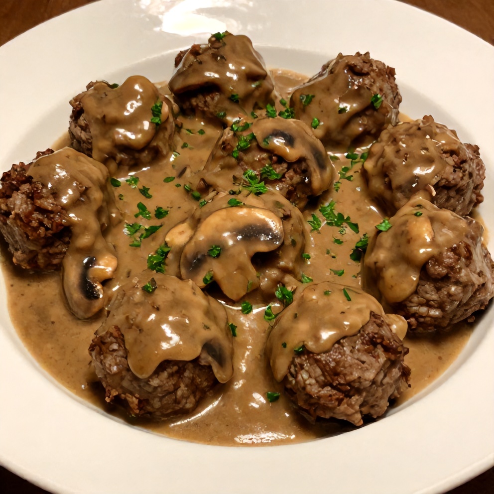 Plated slow cooker Salisbury steak meatballs with mushroom gravy, garnished with fresh parsley, in a white ceramic bowl.