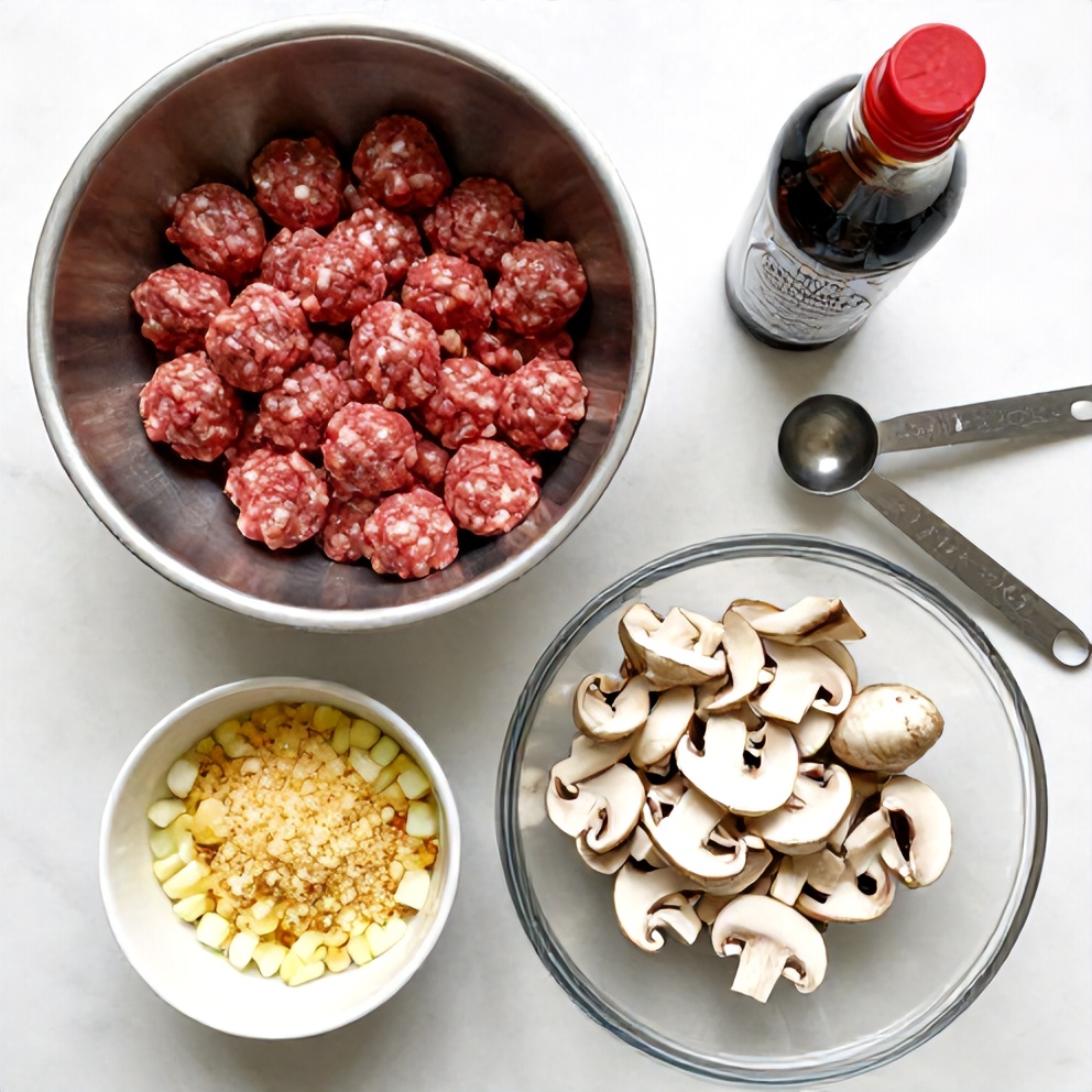 Raw ingredients for slow cooker Salisbury steak meatballs: ground beef, bread crumbs, onion, mushrooms, and Worcestershire sauce.