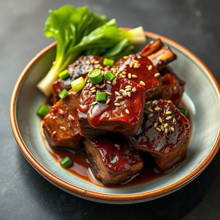 Plated slow roasted Asian beef short ribs on ceramic shallow bowl, garnished with sliced green onions and toasted sesame seeds, glossy sauce drizzled over meat, side of steamed bok choy
