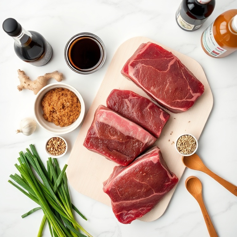Overhead flat lay of beef short ribs, soy sauce, brown sugar, ginger, garlic, green onions, sesame seeds, rice vinegar, hoisin sauce, and chili flakes on white marble with bamboo measuring spoons and small prep bowls