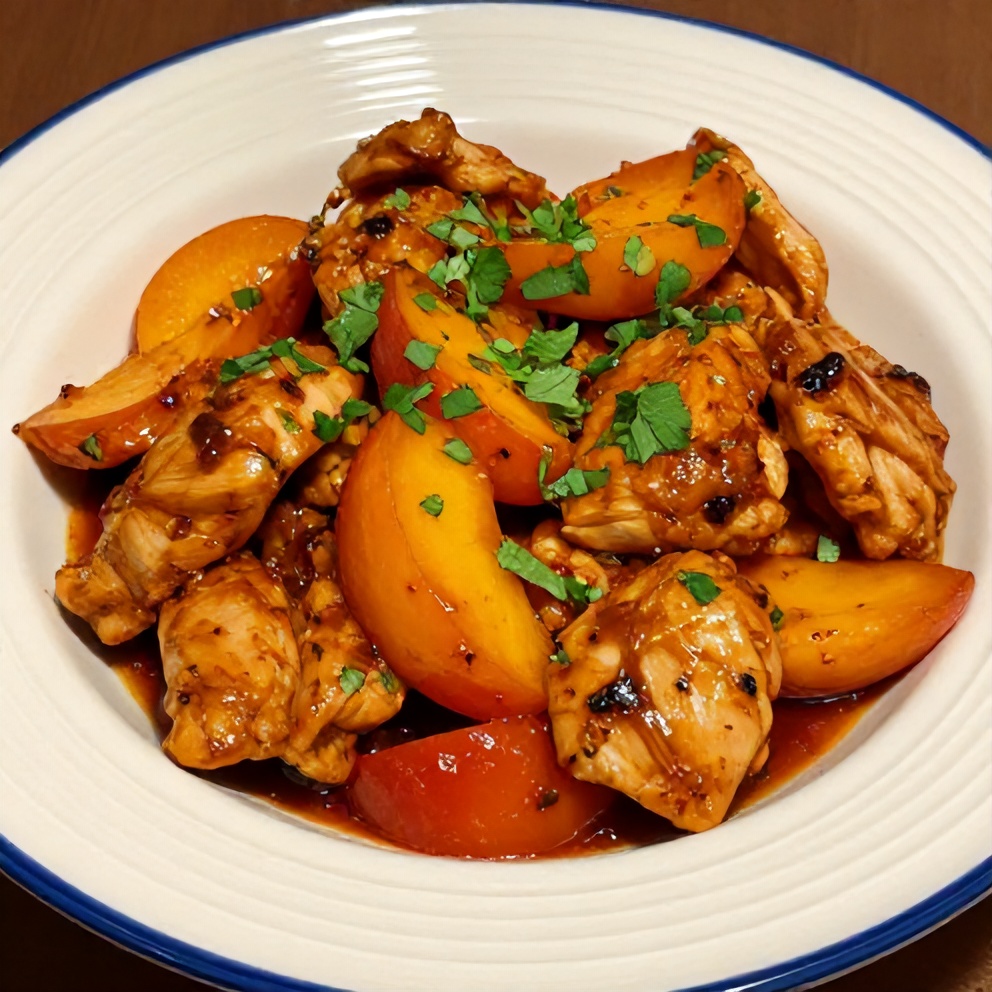 Plated Spicy Jalapeño Peach Chicken with garnish
