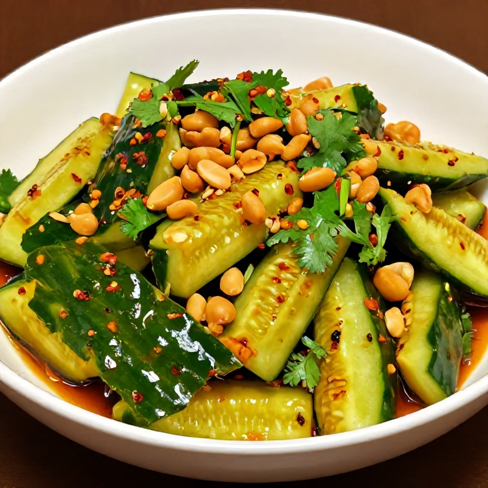 Spicy peanut cucumber salad served in a rustic ceramic bowl, garnished with extra chopped cilantro and chili flakes. Warm side light highlights the glossy sauce and crunchy peanut texture.