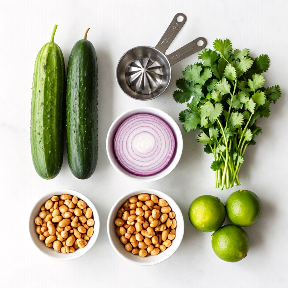Overhead flat lay of raw ingredients: English cucumber, roasted unsalted peanuts, red onion, fresh cilantro, lime, plus small prep bowls, measuring spoons, and a citrus juicer on white marble.