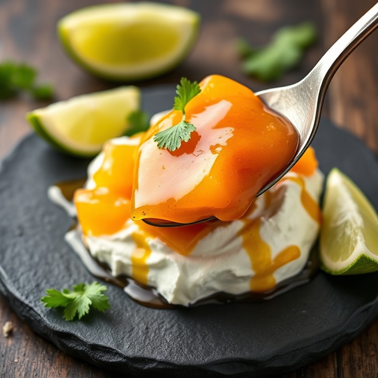 Spicy pineapple cowboy candy spooned over cream cheese on a rustic wooden board, garnished with fresh cilantro and a lime wedge