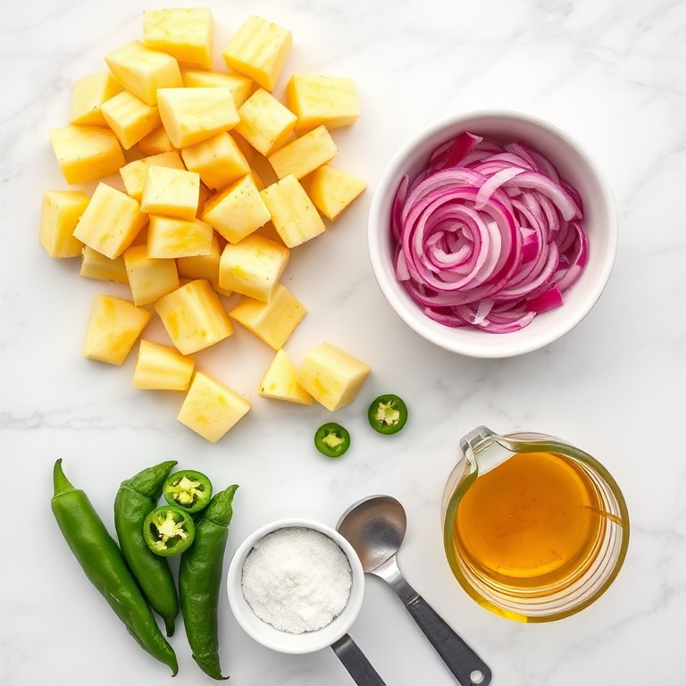 Fresh pineapple chunks, sliced jalapenos, red onion rings, brown sugar, apple cider vinegar arranged on white marble with small bowls and measuring spoons