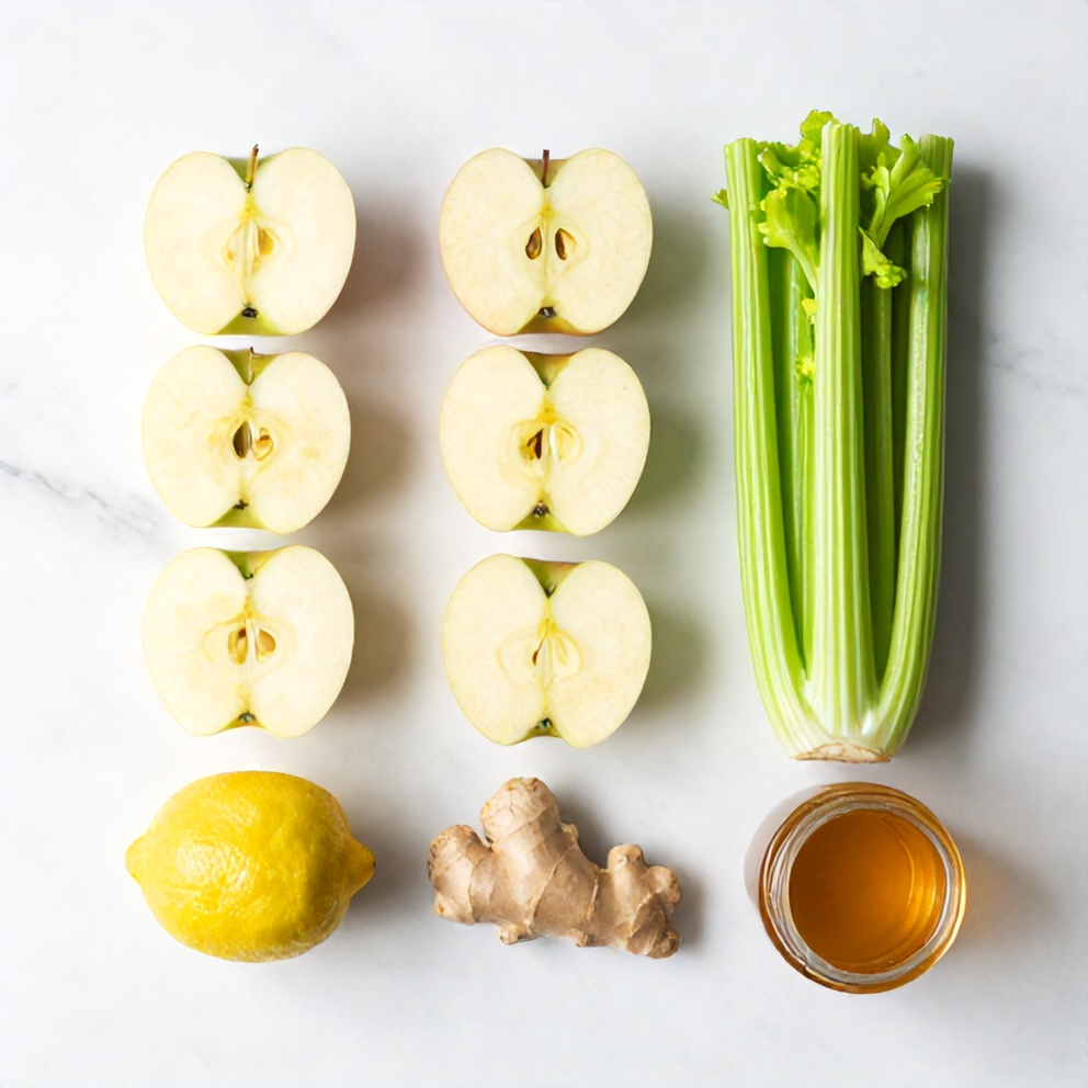 Raw ingredients for celery apple juice on a wooden surface