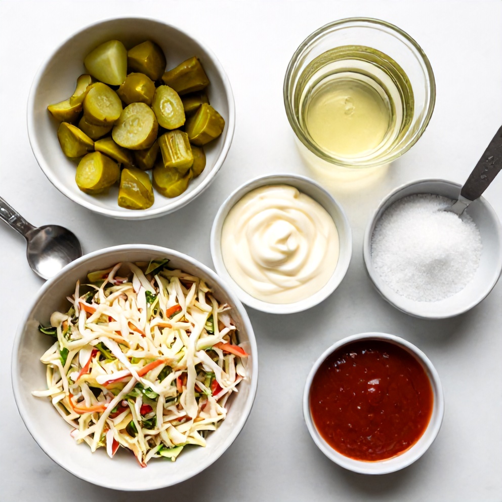 Raw ingredients for sweet and spicy pickle slaw on a white marble surface