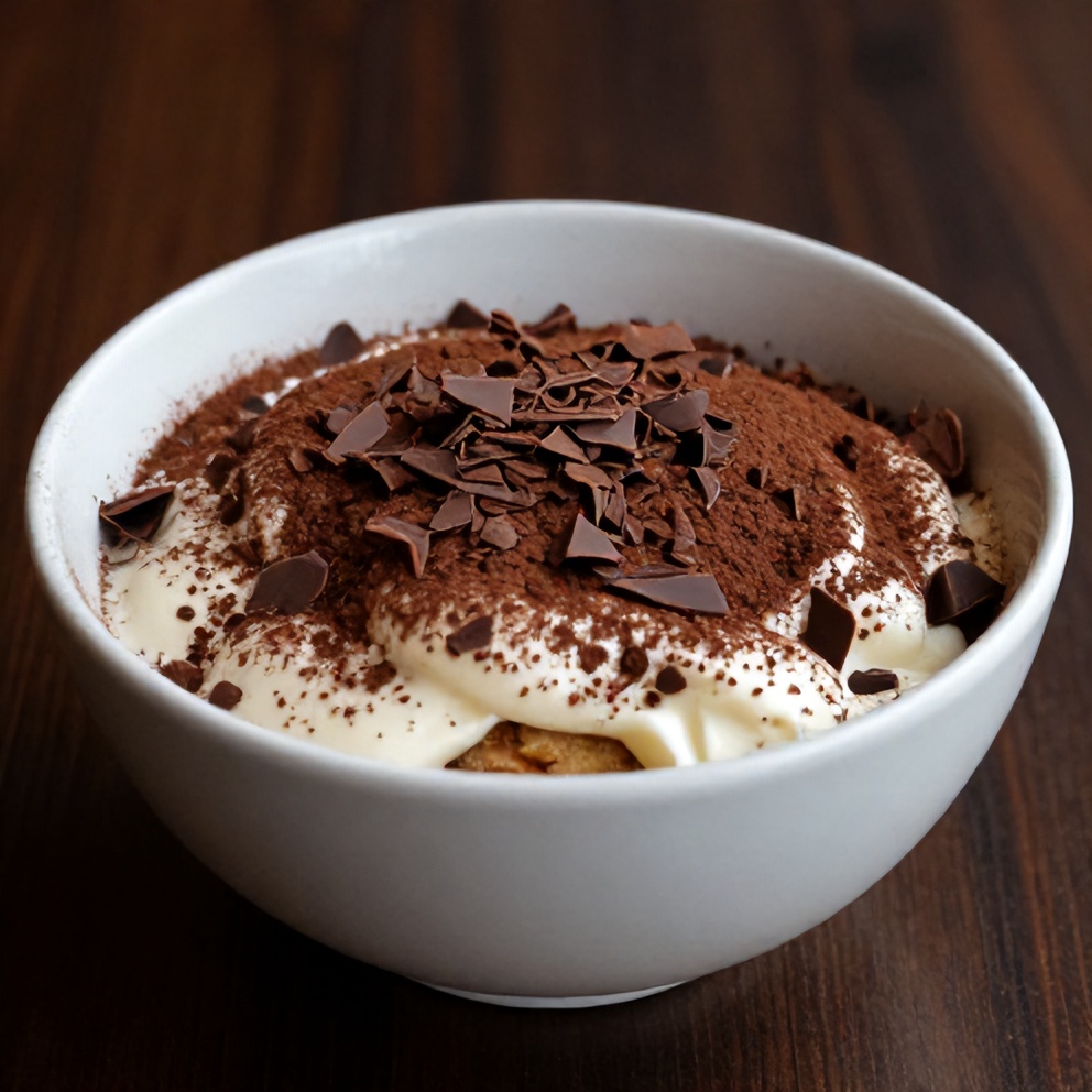 Plated tiramisu overnight oats in a wide-rimmed ceramic bowl topped with fresh grated dark chocolate. Creamy surface with visible cocoa swirls. White ceramic bowl on dark walnut background.