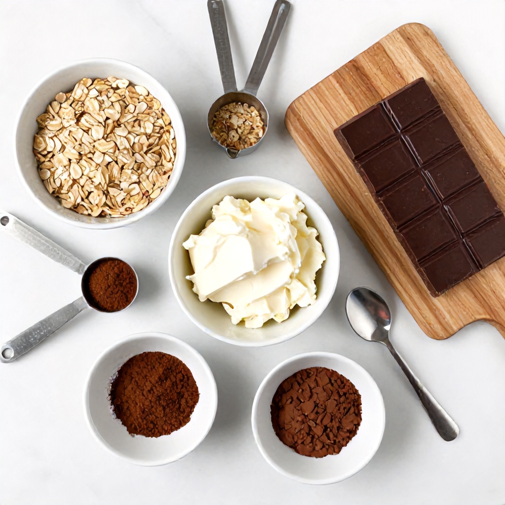 Overhead flat lay: rolled oats, mascarpone cheese, instant espresso powder, cocoa powder, dark chocolate bar. Measuring cups, small bowls, and spoons on white marble surface.
