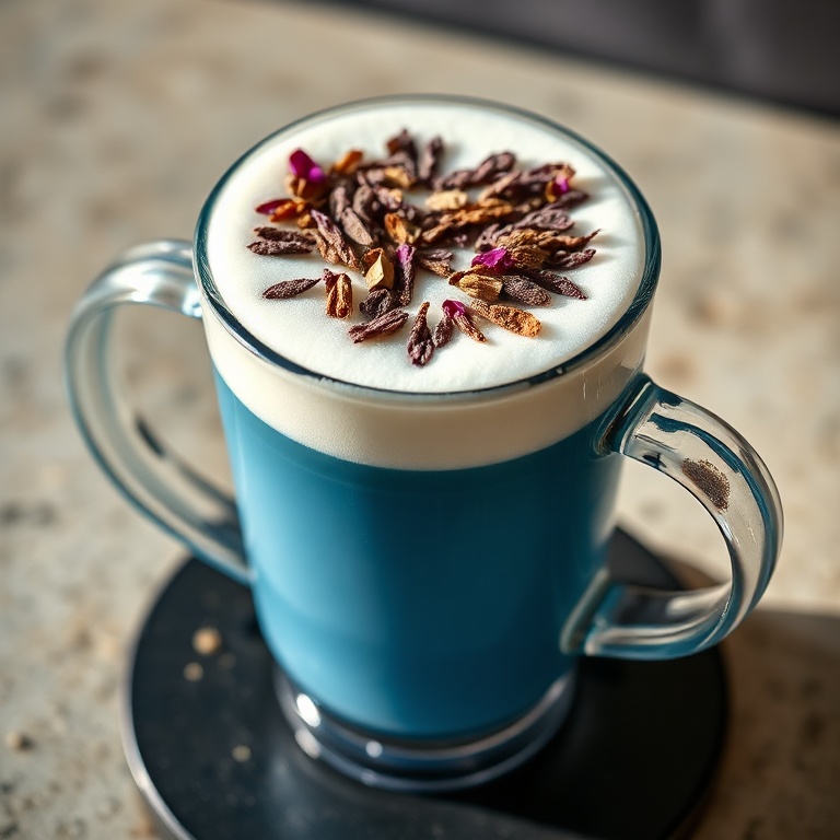 Vibrant blue tea latte in a clear 12oz glass mug with thick vanilla cold foam, topped with crushed dried butterfly pea flowers, on a dark ceramic coaster, warm side lighting highlighting foam texture and color depth