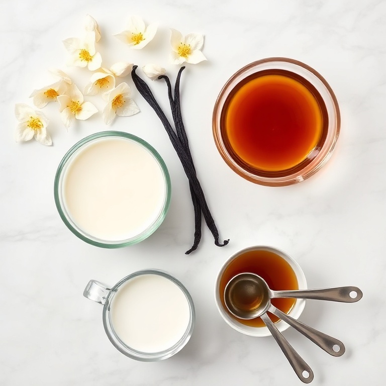 Overhead flat lay of dried butterfly pea flowers, whole vanilla bean, heavy cream, whole milk, pure maple syrup, small prep bowls, stainless steel measuring spoons, white marble surface, bright even natural light