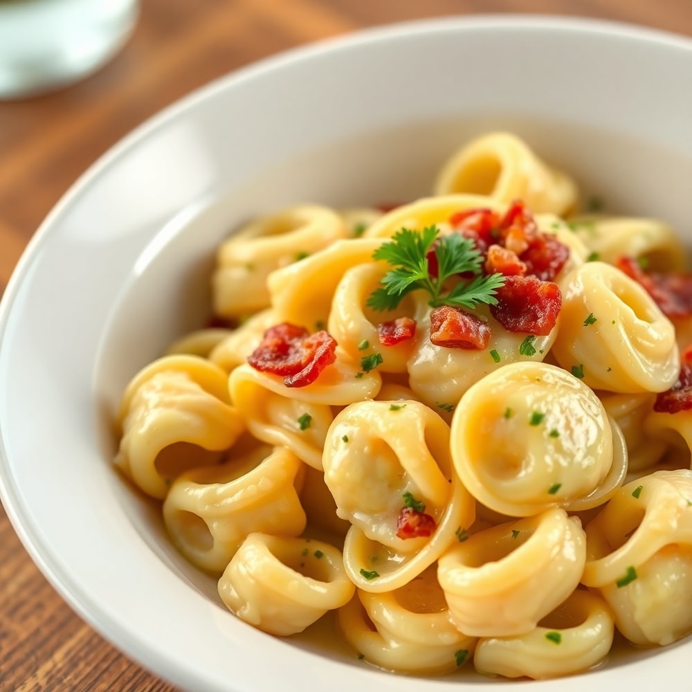 Plated tortellini carbonara with a sprinkle of fresh parsley
