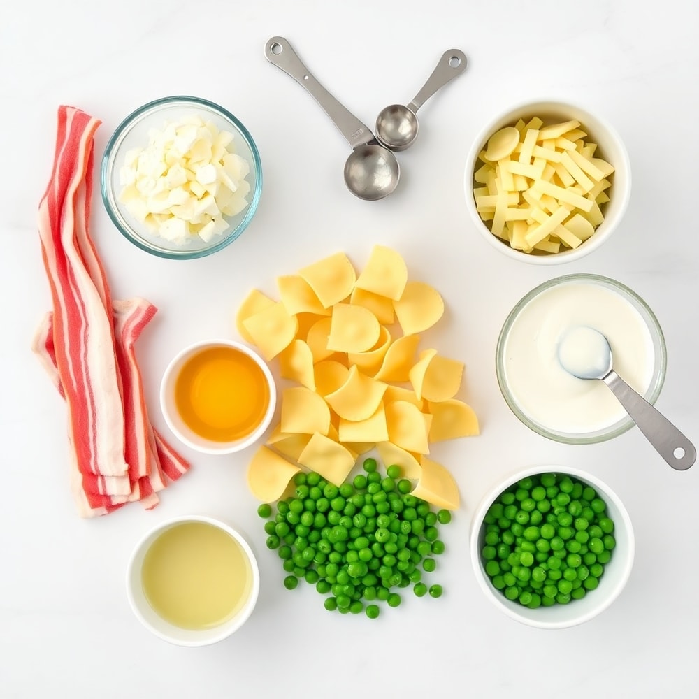 Raw ingredients for tortellini carbonara: bacon, garlic, eggs, cheese, tortellini, peas, and heavy cream