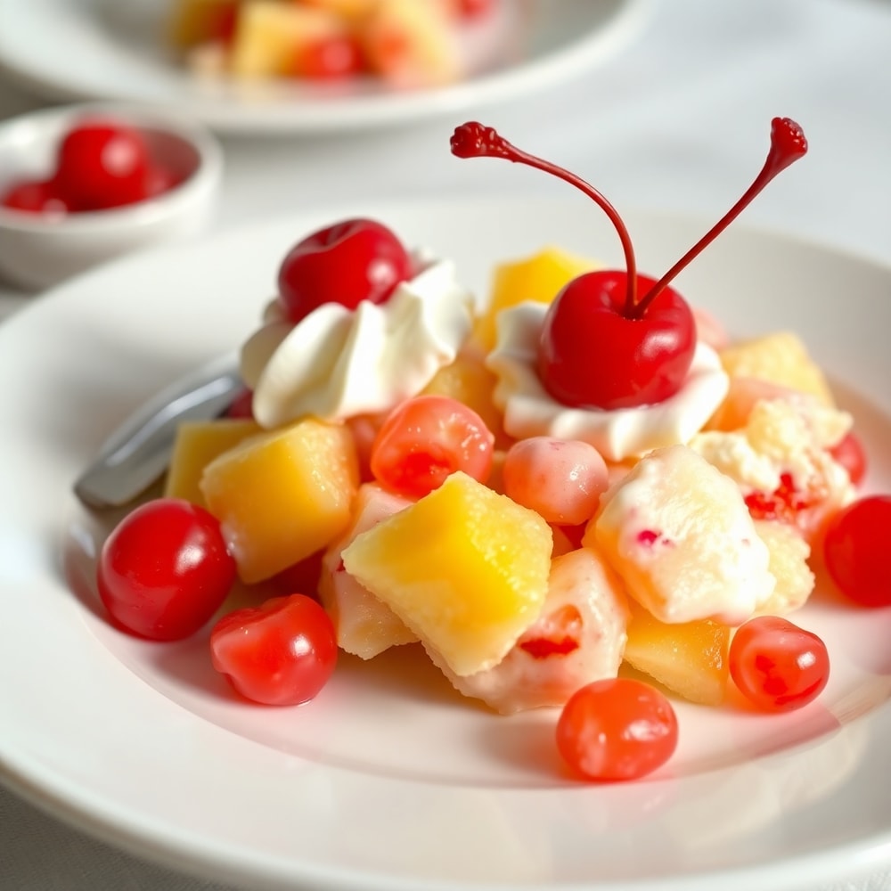 Plated Ambrosia Fruit Salad with Whipped Cream and Maraschino Cherries